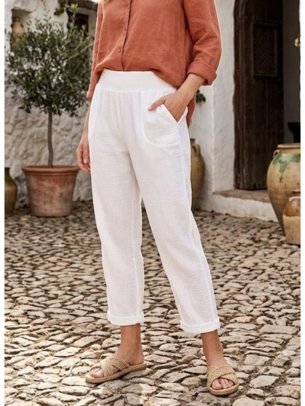 NWT Nomad The Label Smocked Cotton Gauze Crop in White Pull-on Pants 18 / US 14